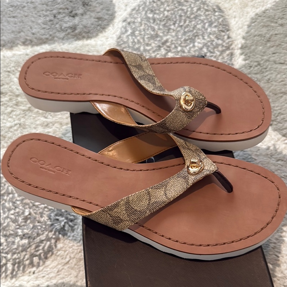 Coach Tan Sandals with Gold Hardware and Monogram Straps